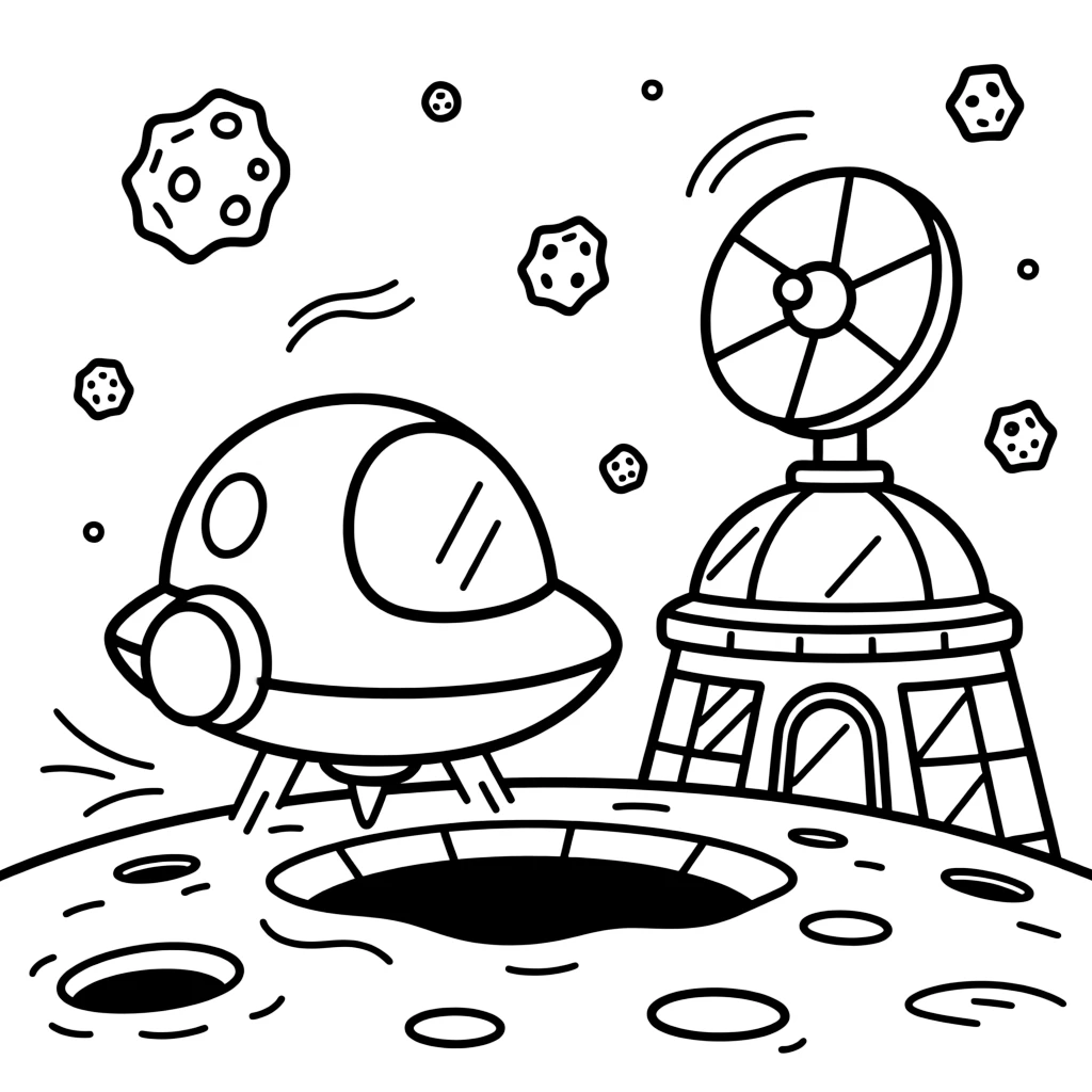 [Spaceships] a chunky space cruiser landing gently on a cratered moon beside a glowing space station. In the background, asteroids tumble slowly through space, adding extra fun to explore. A radar dish spins slowly on top. It all happens during a bright summer day, with heat waves shimmering in the distance.