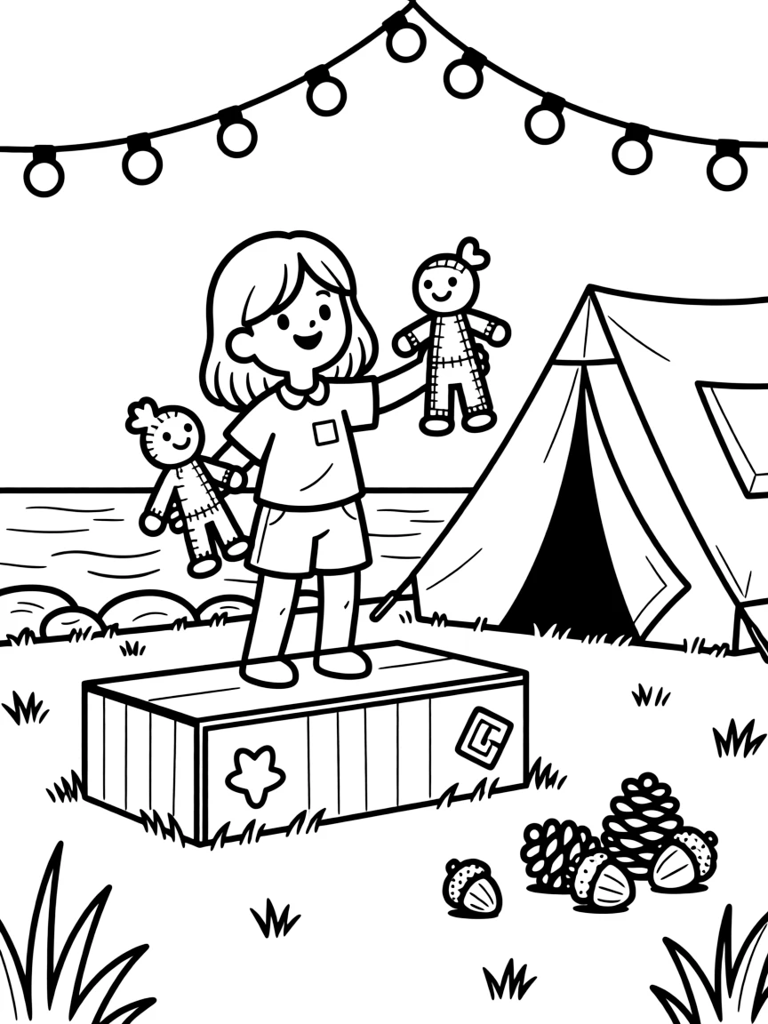 A girl puppeteer working her hand-sewn puppets is putting on a puppet show behind a cardboard stage at a lakeside campsite with a cozy tent. Just beyond, strings of fairy lights strung overhead and a cluster of acorns and pinecones scattered about round out the happy picture.