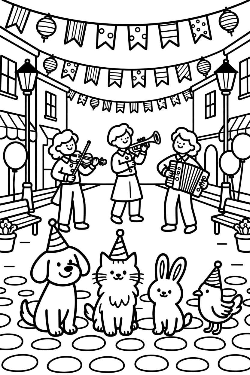 A row of pets wearing tiny party hats in a bustling town square strung with colorful banners, with musicians playing lively instruments and a string of colorful paper lanterns nearby.