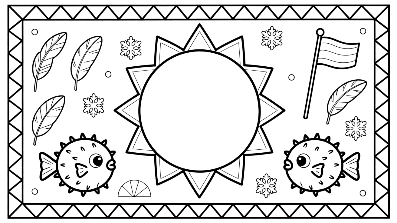 Ocean Creatures: The page centers on a repeating motif of a puffer fish rounded into a spiky ball, built around an eight-point star mandala framing the design. The motif is repeated in a corner-to-corner border that circles the entire page, leaving a round open area in the middle. Decorative details fill the surrounding space, including nested triangle shapes, fanned feather plumes, and six-point snowflake shapes woven throughout the background. A playful extra touch completes the page: a small flag on a stick poking out from one side of the pattern.