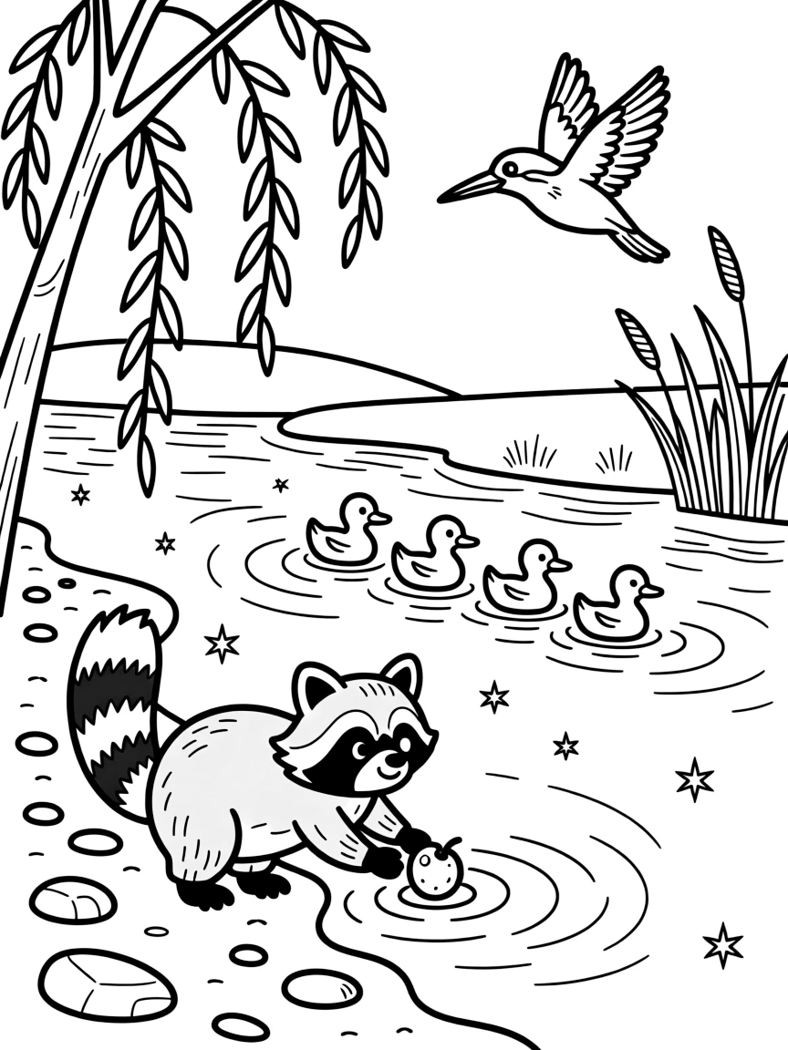 [River Adventures] A curious raccoon washes a shiny berry at the river's edge before scampering back to shore. A kingfisher darts across the river as ducklings paddle in a neat row behind their mother. Willow trees dip their branches into the water beside a sandy bank scattered with pebbles. Sunlight sparkles across the rippling water as a light breeze stirs the reeds along the bank.