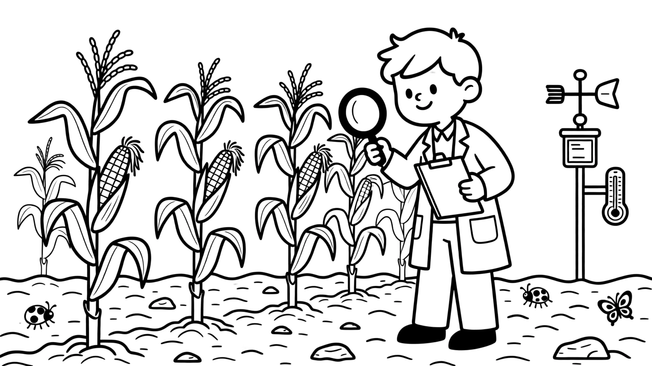 An agricultural scientist examines corn stalks growing in an experimental test field.
