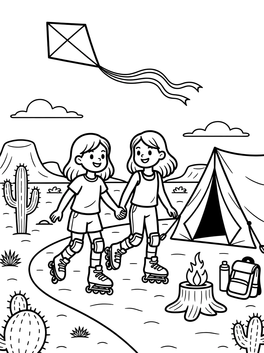 A little sister roller skating with a friend from swim class at a desert campsite with a kite dancing in the wind.