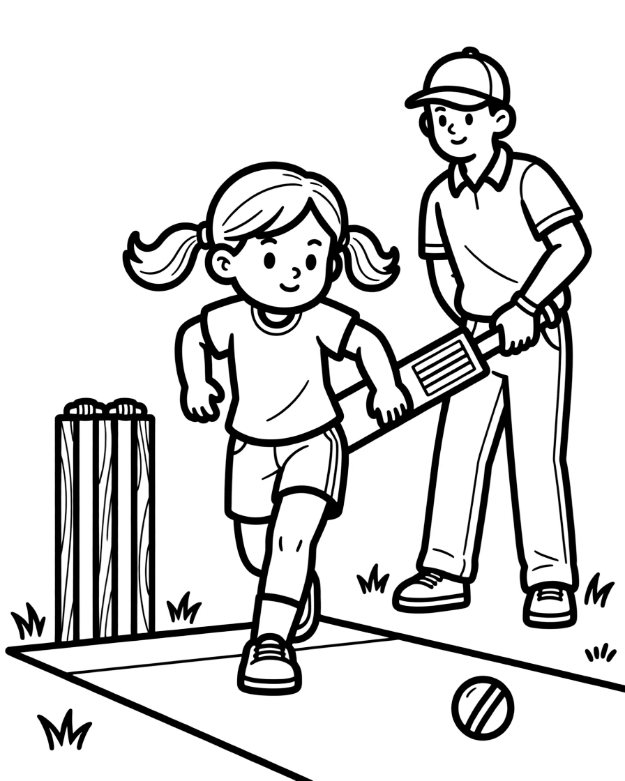 A determined girl with pigtails, bowling a fast delivery toward the stumps as the batter readies their stance.