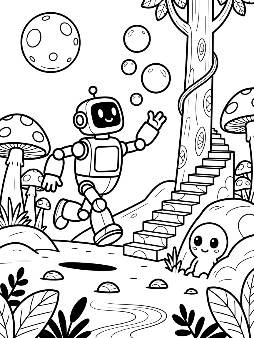 Rusty, a friendly giant robot chasing bubbles that float upward instead of down on a low-gravity moon in a jungle of giant glowing mushrooms on a misty alien world, as a spiral staircase wrapped in glowing vines and a curious alien creature peeking out from behind a rock fill the scene.