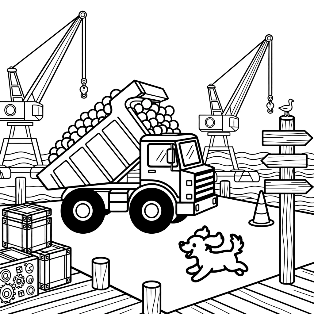 This page centers on a dump truck tipping a mountain of gravel exploring a busy harbor lined with docks, cranes, and stacked crates, featuring a friendly dog with its ears flapping in the wind and little extras like an old wooden signpost pointing to faraway towns and gears and control panels glowing softly.