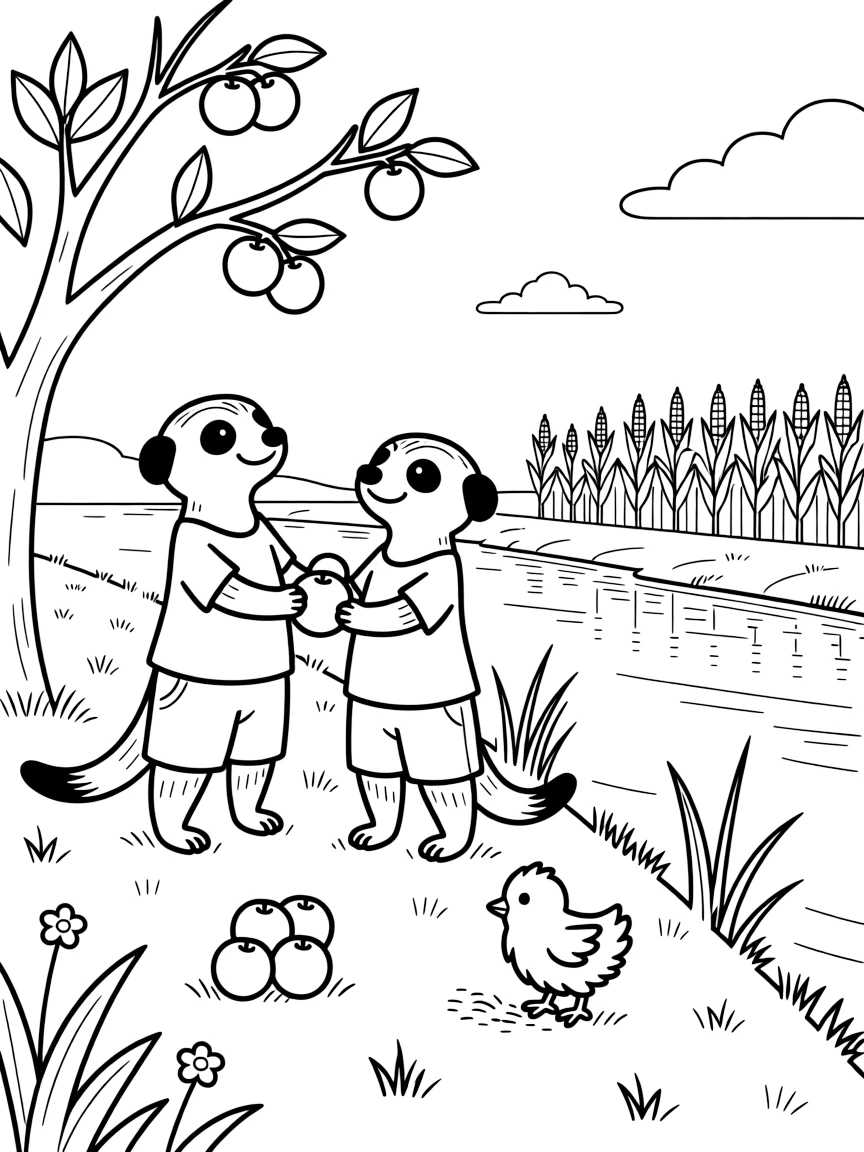 A meerkat family harvesting ripe fruit alongside a chick on a riverbank at dawn, near a corn field.