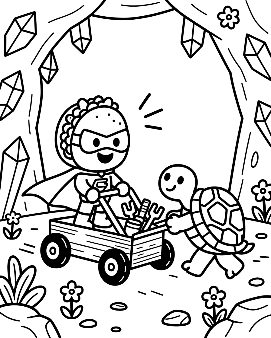 Pint-sized and full of excitement, a taco superhero spends the day putting the finishing touches on a homemade go-kart in a cavern glittering with crystal formations. Nearby, a cart pulled by a very determined turtle adds to the fun. Giggles echo happily through the whole valley.