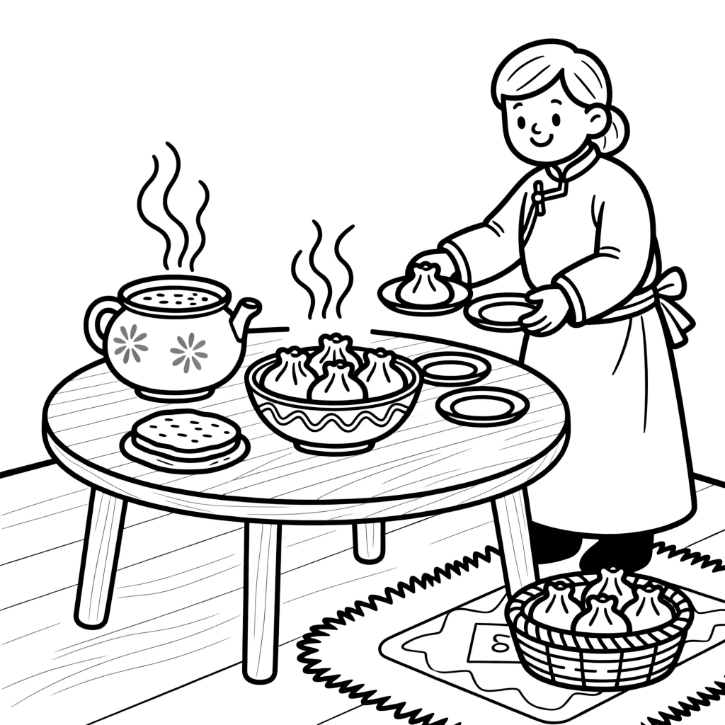 A coloring page showing a delicious spread from Mongolia: a bowl of warm dumplings (buuz) steaming beside a pot of milk tea, set out on a table with a friendly family member serving portions.