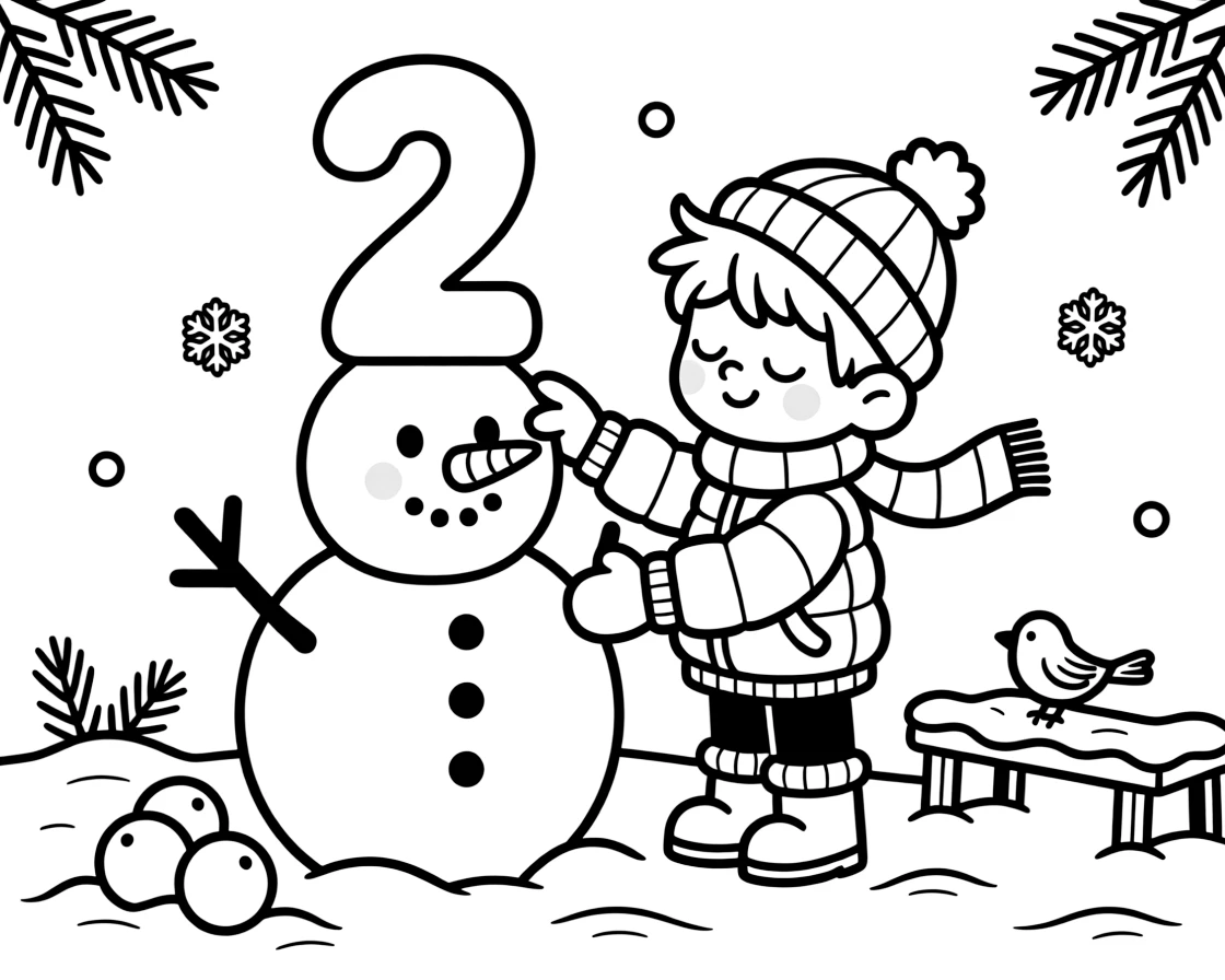 a sleepy little boy builds a snowman shaped like the numbers from a math lesson.