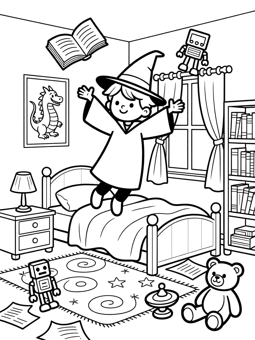 A young wizard practices levitation, comically hovering upside-down above his messy bedroom while books and toys float around him.