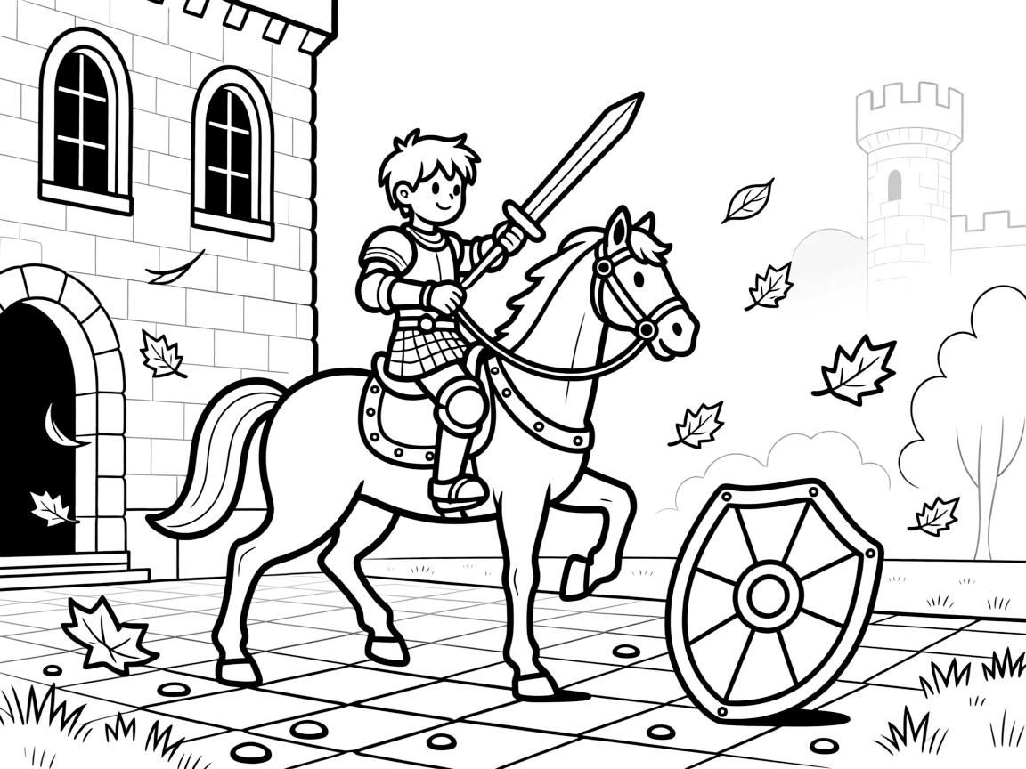[Knights] A dynamic scene shows a knight riding a armored horse practicing sword fighting in a courtyard outside a tall stone castle, looking determined and brave. Close by, a shield with a bold emblem rests nearby. A long lance is tucked under one arm. The moment unfolds on a foggy morning, with autumn leaves swirling in the wind, filled with energetic detail perfect for a young colorist.
