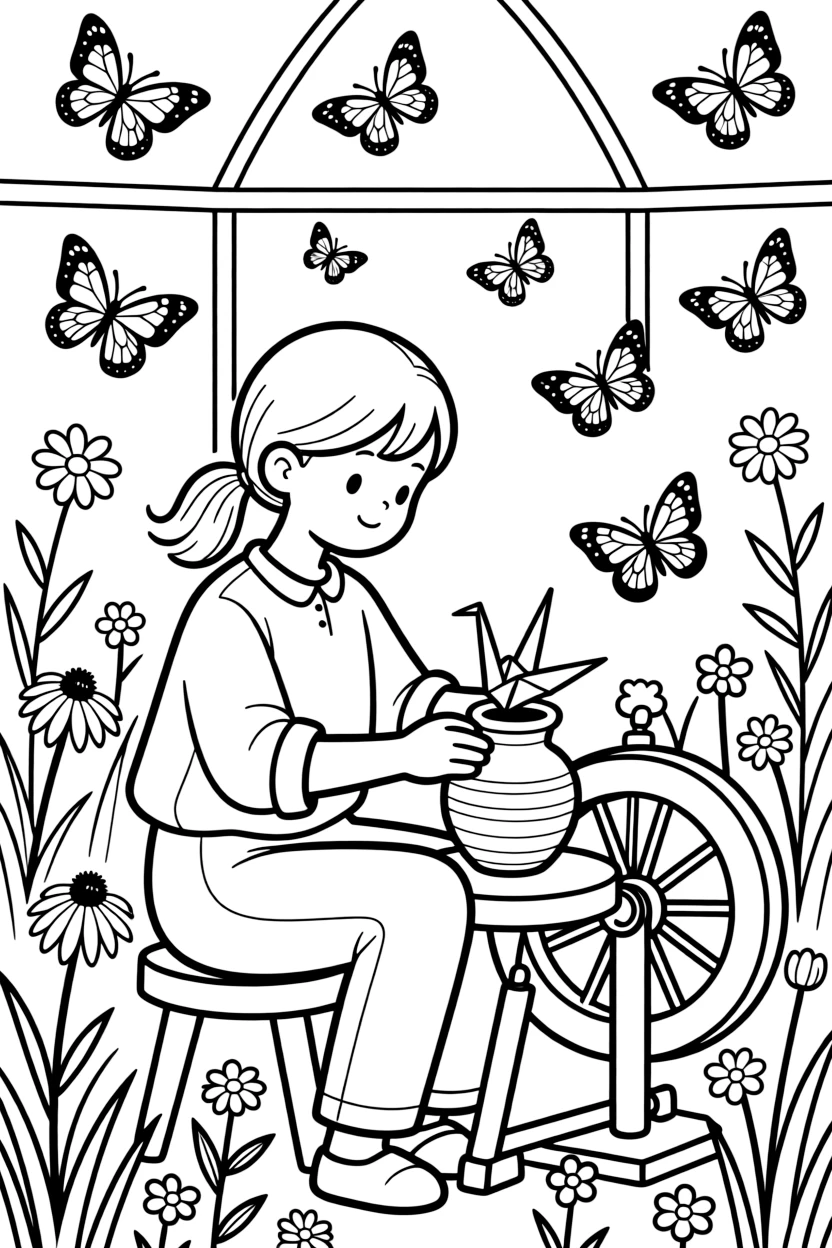 A girl potter shaping clay on a spinning wheel is folding an origami crane in a butterfly conservatory full of fluttering wings. All around, fluttering butterflies drifting nearby and wildflowers swaying gently in the wind make the scene feel magical.