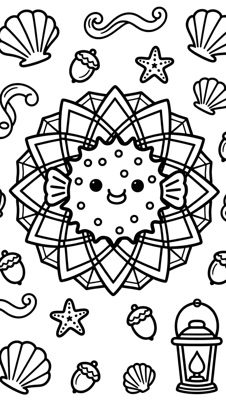 Ocean Creatures: The page presents a small themed scene built around a puffer fish rounded into a spiky ball, tied together by a diamond lattice mandala crossing over itself in a grid. The scene is positioned in the middle of a balanced layout, with smaller matching details arranged above and below. Decorative details fill the surrounding space, including overlapping scalloped shells, loops of ribbon curling back on themselves, and clusters of tiny acorns woven throughout the background. A playful extra touch completes the page: a little lantern glowing softly in one corner of the pattern.