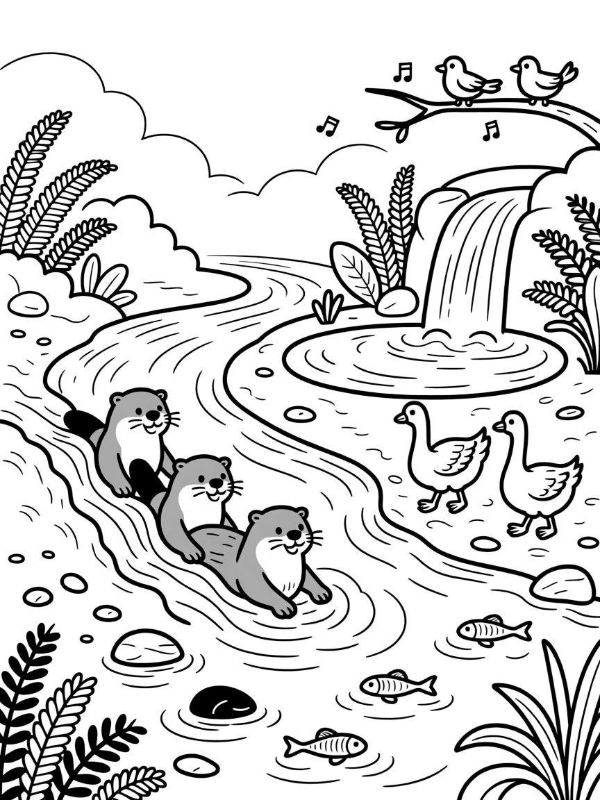 [River Adventures] A group of otters slide playfully down a muddy riverbank into the sparkling water below. A family of geese waddles along the shore while minnows dart through the shallow water. The river winds past a small waterfall tumbling into a clear pool ringed with ferns. Soft morning mist rises off the river as the first birds begin to sing.