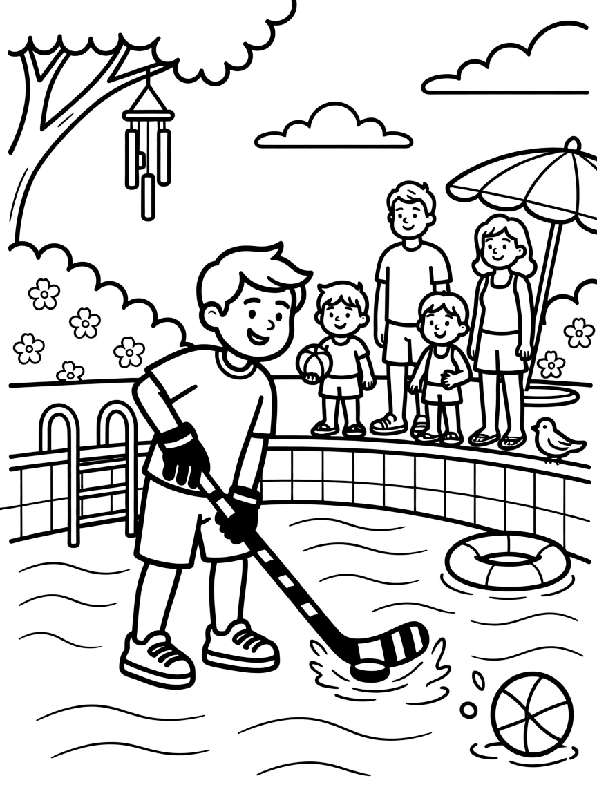 An older brother playing hockey with a family of five at the community pool as a wind chime tinkles softly.