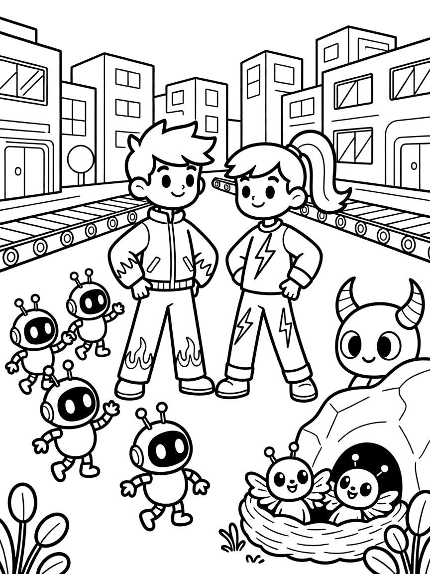 Twin superhero siblings Vega (fire-powered) and Skye (electric) teaching baby robots their first dance moves at a robot school, in a bustling robot city with conveyor-belt streets, with a nest of baby alien creatures chirping happily and a curious alien creature peeking out from behind a rock nearby.