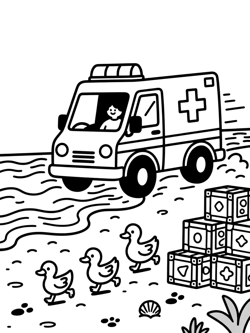 A big, friendly an ambulance with flashing lights rushing to help rolls through a sunny sandy beach where waves roll onto the shore, with a family of ducks waddling alongside enjoying the ride and stacks of colorful cargo boxes ready to be unloaded adding a playful touch.