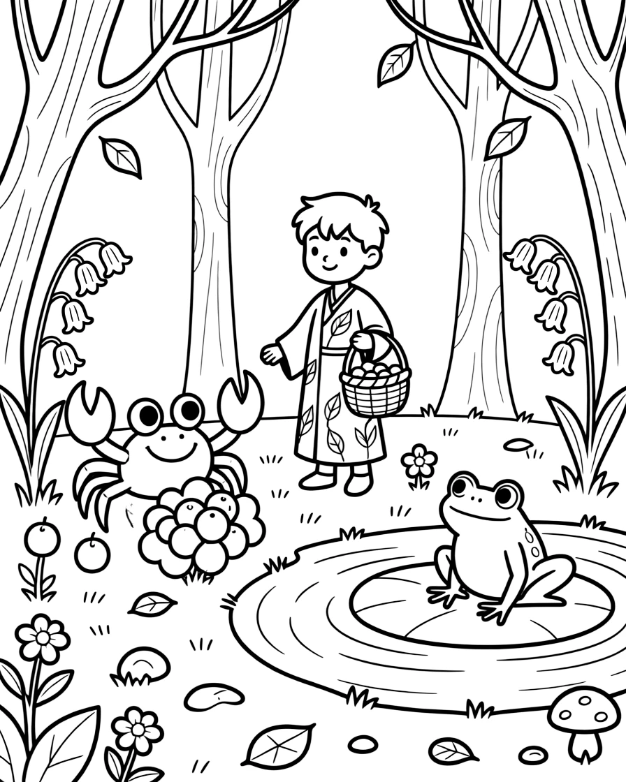 A crab harvesting ripe fruit alongside a gentle forest spirit in an enchanted forest clearing, near a bluebell woodland, while a curious frog watches from a lily pad.