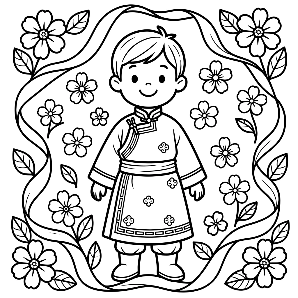 A coloring page from Mongolia showing a child wearing a colorful deel robe tied with a wide sash, posed for a festival photo with flowers and ribbons decorating the background.