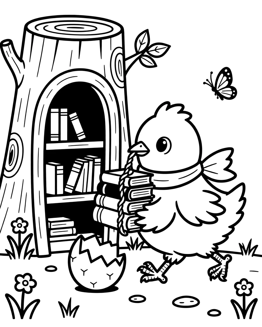 a mischievous a chick fresh from its egg carries a stack of tiny books tied with vine string to a hollow-log library.