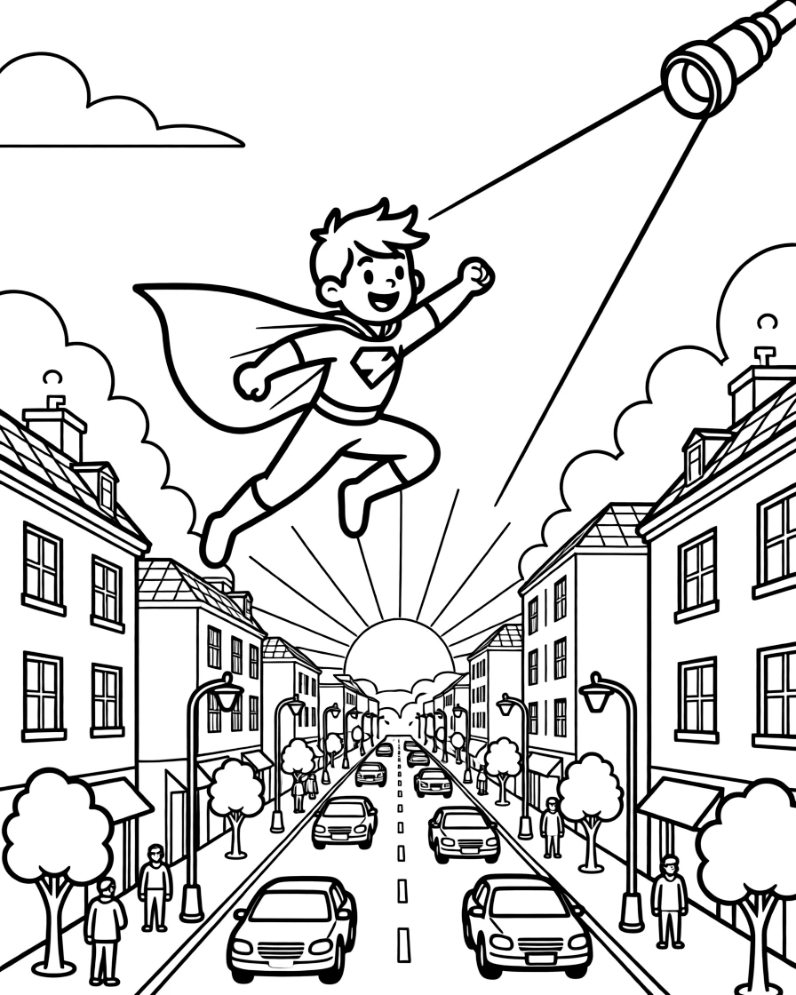 [Superheroes] a caped superhero leaping between rooftops above busy city streets, smiling proudly, while a searchlight beam sweeps across the sky fills the surrounding area. A flowing cape billows dramatically behind. Set at sunrise, with dust kicked up by the wind, the page bursts with adventure and imagination.
