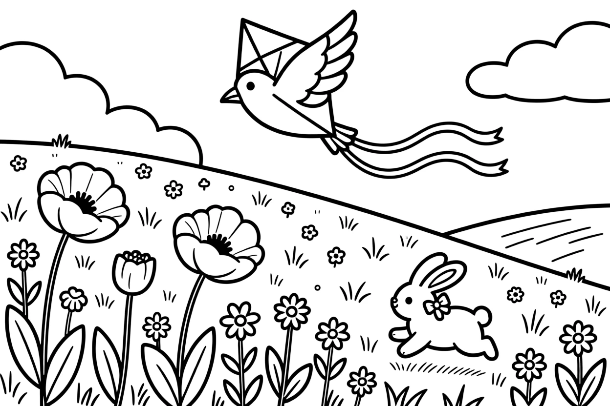 A close-up of a field of poppies swaying in the breeze on a hillside meadow covered in wildflowers, surrounded by a hopping bunny with a bow and a kite shaped like a bird.