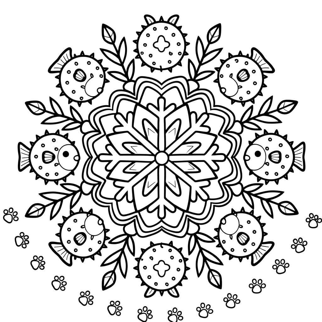 Ocean Creatures: The design turns a puffer fish rounded into a spiky ball into a kaleidoscope-style composition anchored by a snowflake-shaped mandala with six symmetrical arms. The imagery is multiplied into a circular burst of matching pieces that rotate evenly around the page's center point. Decorative details fill the surrounding space, including rows of curling wave shapes, pinwheel blades spinning in place, and rows of gentle leaf veins branching outward woven throughout the background. A playful extra touch completes the page: a trail of small paw prints wandering along the outer edge.
