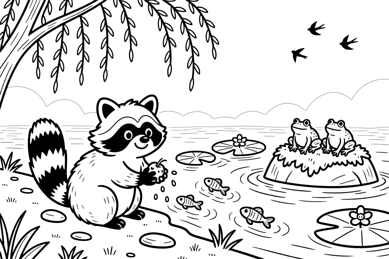 [River Adventures] A curious raccoon washes a shiny berry at the river's edge before scampering back to shore. Fish leap playfully near a cluster of lily pads as frogs croak from a mossy rock. Willow trees dip their branches into the water beside a sandy bank scattered with pebbles. Soft morning mist rises off the river as the first birds begin to sing.