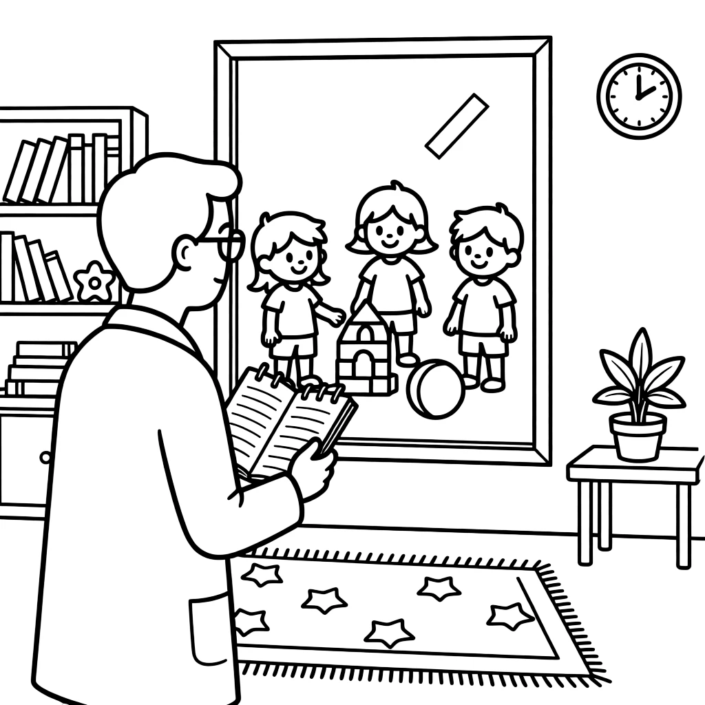 A behavioral scientist observes children playing through a one-way mirror with a notebook.