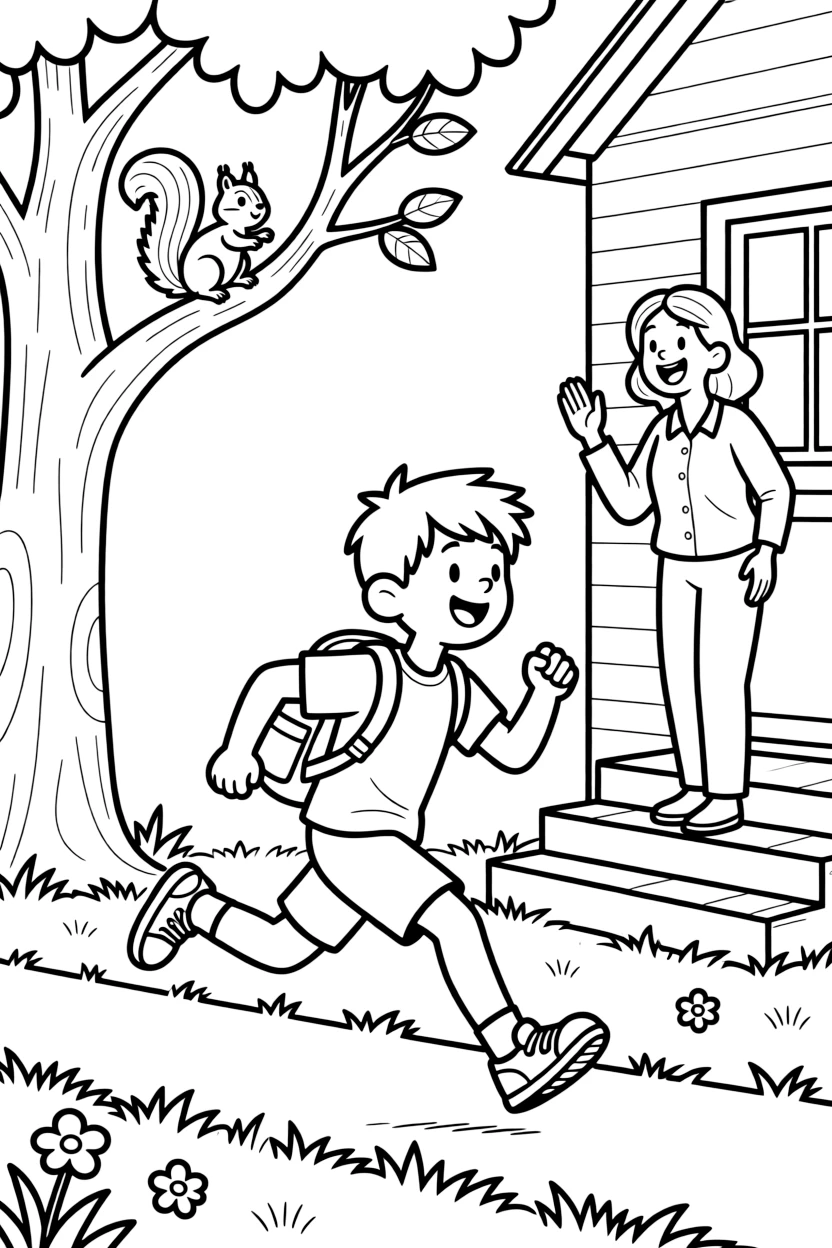 A boy with a backpack running in a relay race with a single mom on the front porch steps while a squirrel peeks from a branch.