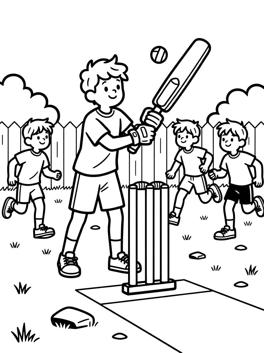 A team of neighborhood kids, keeping wicket behind the stumps, gloves ready to catch a fast throw.