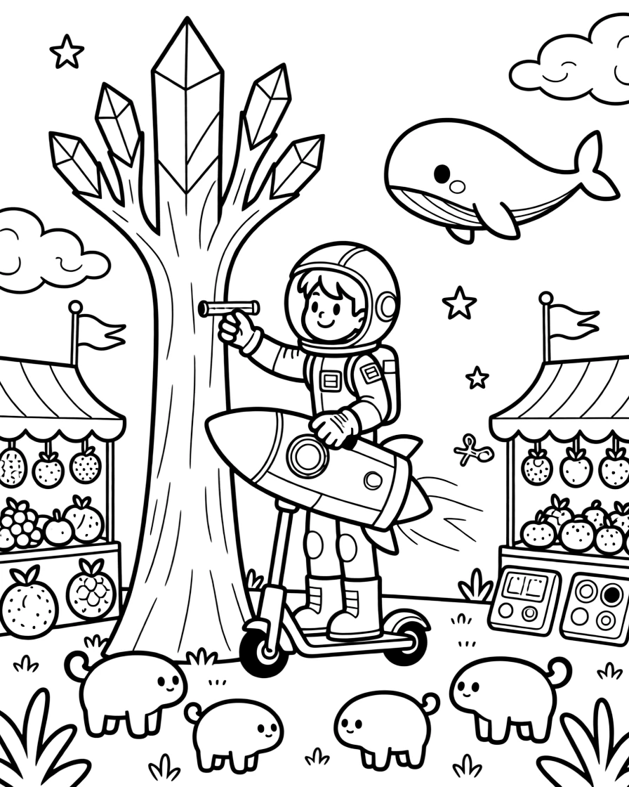 Pilot Quasar zooming along on a rocket scooter measuring the height of a giant crystal tree for a science project in a colorful alien marketplace filled with strange fruits and gadgets, as a family of gentle space whales swimming through the clouds and a herd of gentle six-legged alien creatures grazing nearby fill the scene.