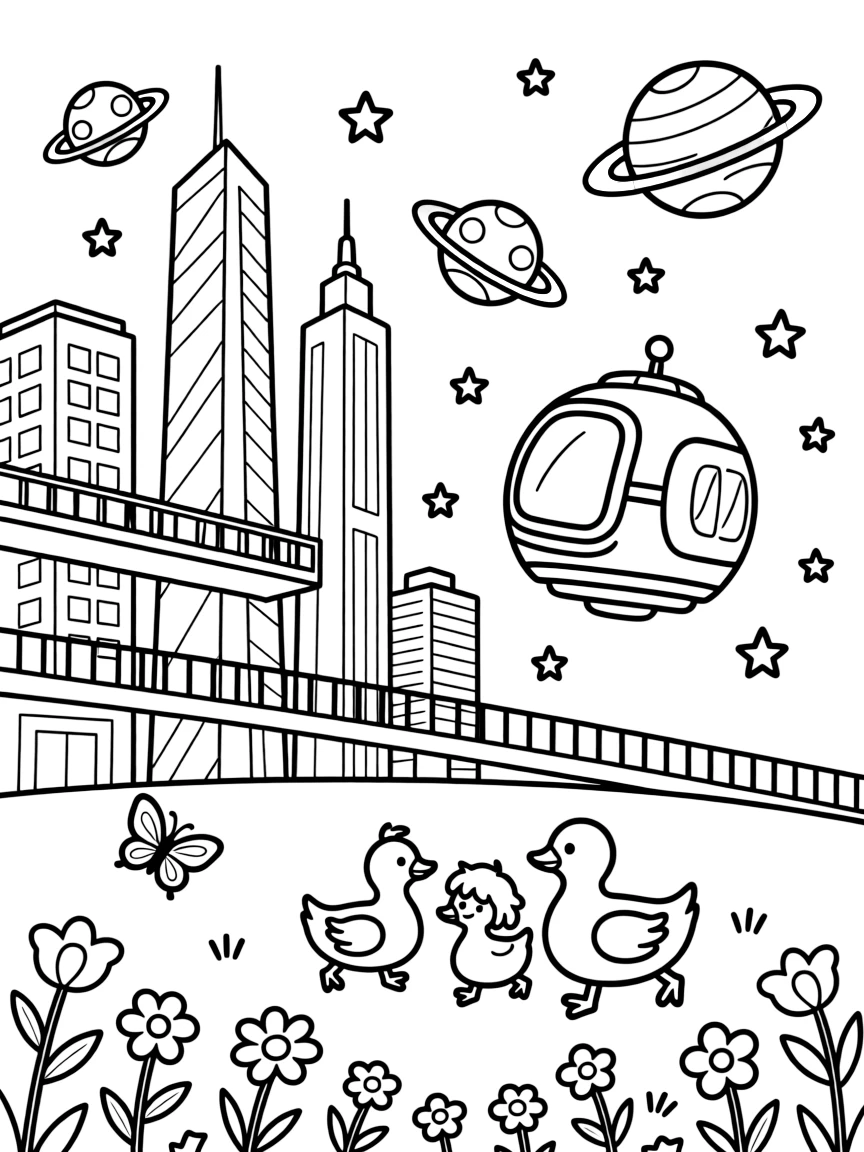 In this scene, a spacewalk pod drifting near a cluster of twinkling stars is the star of a gleaming futuristic city skyline with towers and skywalks, joined by a family of ducks waddling alongside, with planets with colorful rings floating nearby and butterflies fluttering near a patch of wildflowers scattered throughout for kids to color.
