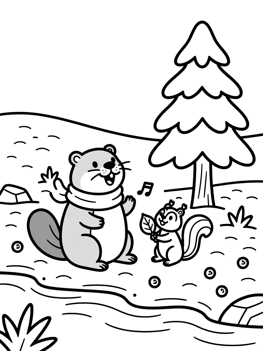 A beaver at the edge of a sandy desert, singing a cheerful tune with a chipmunk, next to a snow-covered pine tree, with ripe berries scattered on the ground.