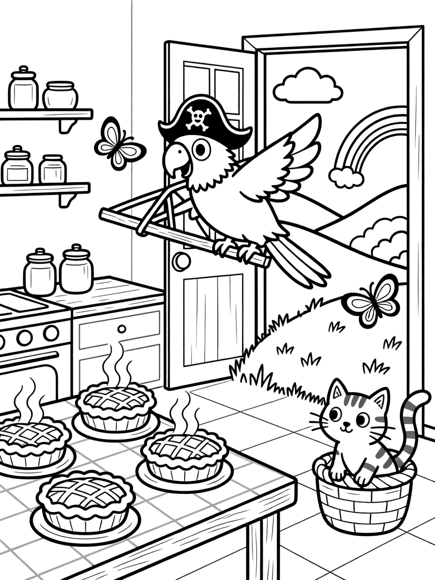 In a cozy kitchen filled with steaming pies, a bouncy parrot pirate first mate is busy flying a homemade glider off a grassy hill, cheered on by a curious kitten peeking out from a basket and a rainbow of butterflies fluttering by. Giggles echo happily through the whole valley.