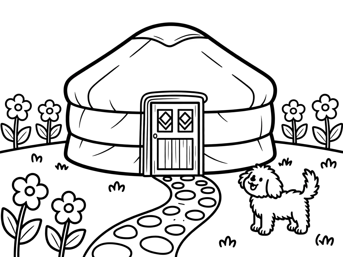 A coloring page of a charming home scene in Mongolia showing a round white ger (yurt) tent with a decorated wooden door, with a garden path, a small pet, and flowers growing along the walls.