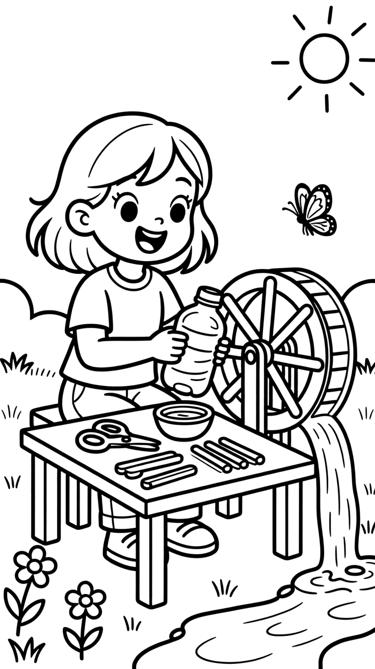 a wide-eyed young girl creates a working water wheel from a plastic bottle and popsicle sticks.