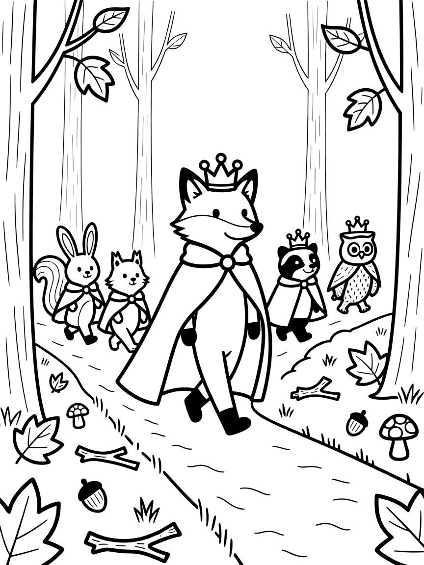 A parade of woodland animals dressed in tiny cloaks and crowns marches behind a fox king through an autumn forest festival.