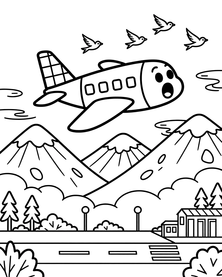 [Airplanes] a friendly cargo airplane flying above a mountain range near a small airport runway, gasping in amazement. Nearby, birds fly in formation nearby. A checkered pattern decorates the tail fin. The scene is captured on a foggy morning, with a light breeze blowing, giving the page a lively and adventurous feel that invites plenty of colorful detail.