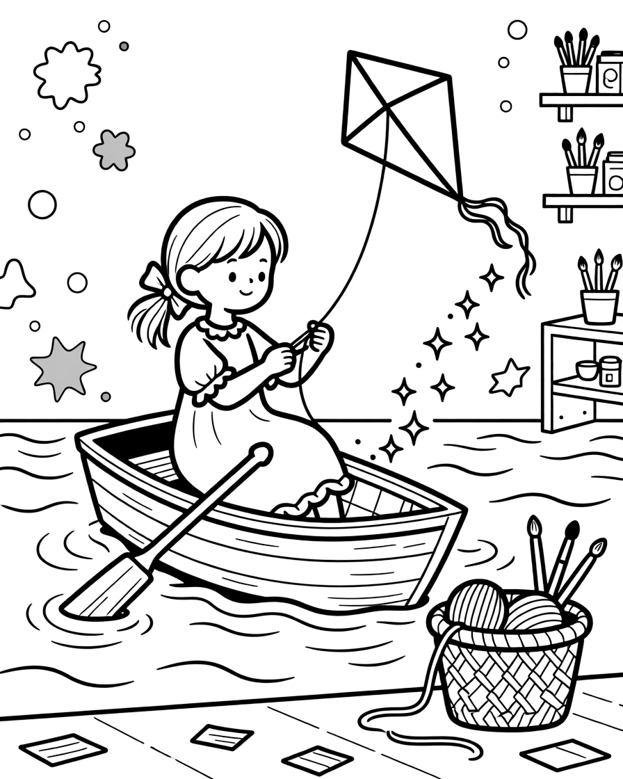 A girl kite-maker gluing colorful paper wings is rowing a little wooden boat across calm water inside an art studio splattered with paint. Scattered nearby, a trail of glittering fairy dust and a basket of yarn and knitting needles nearby fill the page with charm.