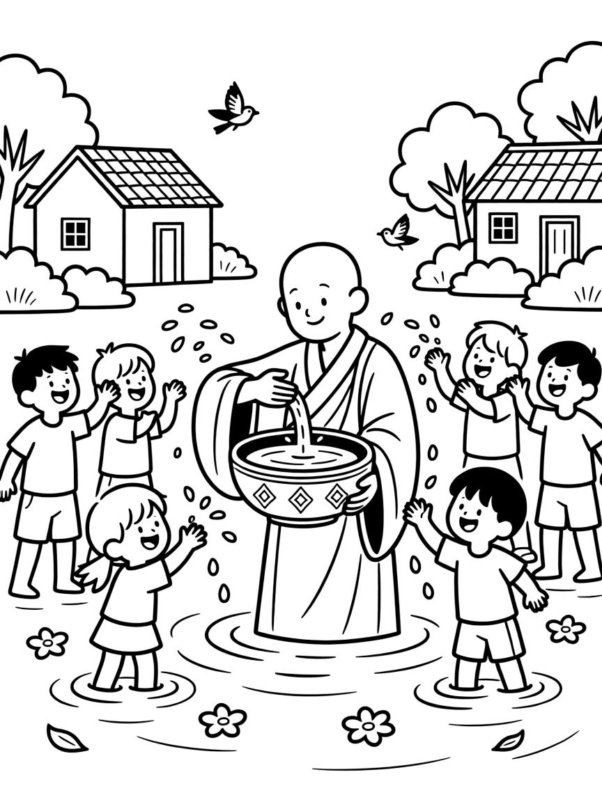 A monk blessing water in a silver bowl in a village where everyone is splashing water in celebration, with a group of friends laughing and splashing and floating flower petals on the water nearby.