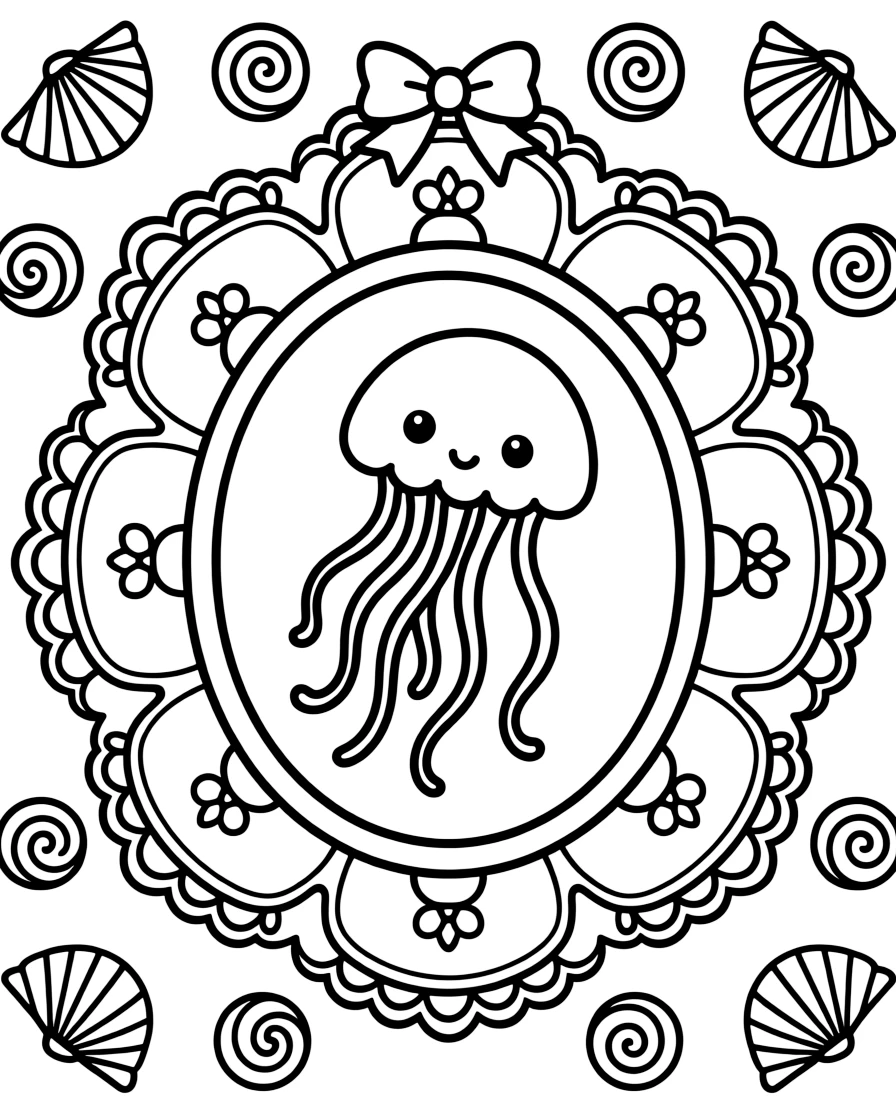 Ocean Creatures: The main subject is a jellyfish with long trailing tentacles, drawn as the focal point of an oval medallion mandala framed by a double border. It is set at the core of the page, with the pattern unfolding outward in eight matching symmetrical segments. Decorative details fill the surrounding space, including delicate lace-edged fringes, loops shaped like small bows, and tightly coiled spiral shells woven throughout the background. A playful extra touch completes the page: a small ribbon bow tied neatly at the top of the design.