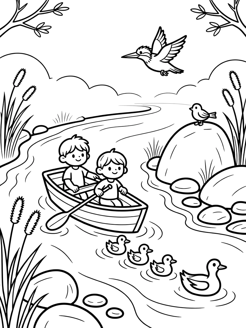 [River Adventures] Two children paddle a small wooden canoe past smooth boulders in a winding river. A kingfisher darts across the river as ducklings paddle in a neat row behind their mother. Reeds and cattails line the bank near a cluster of smooth stones perfect for skipping. Soft morning mist rises off the river as the first birds begin to sing.