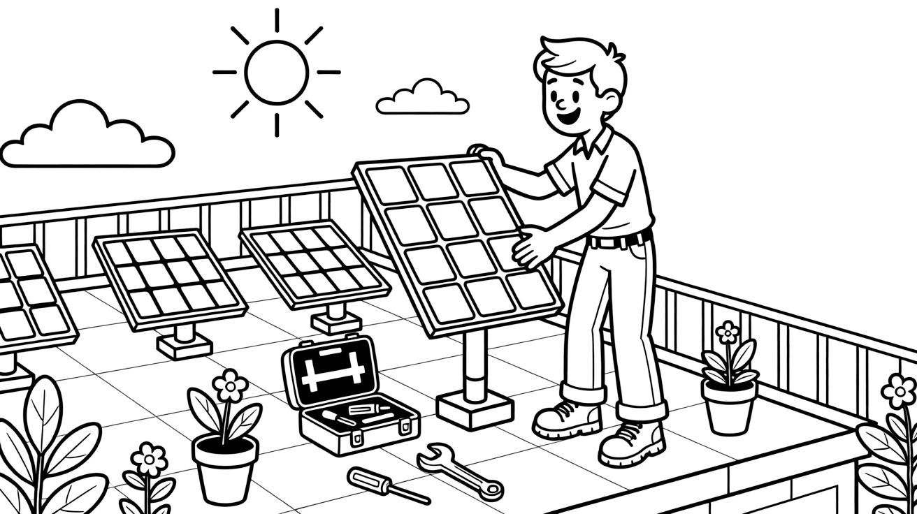 A solar energy researcher adjusts shiny solar panels on a sunny rooftop lab.