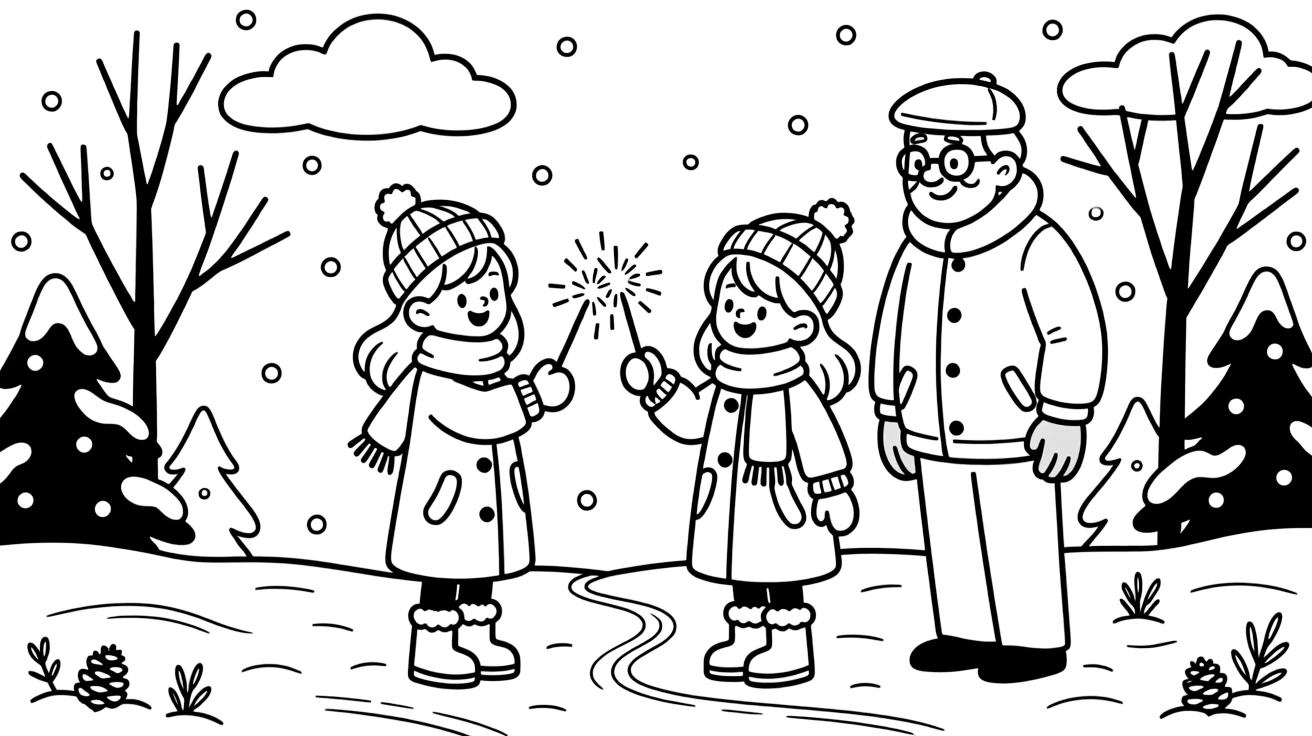 Twin sisters lighting a sparkler during a winter holiday morning with both grandparents while fluffy clouds drift by.