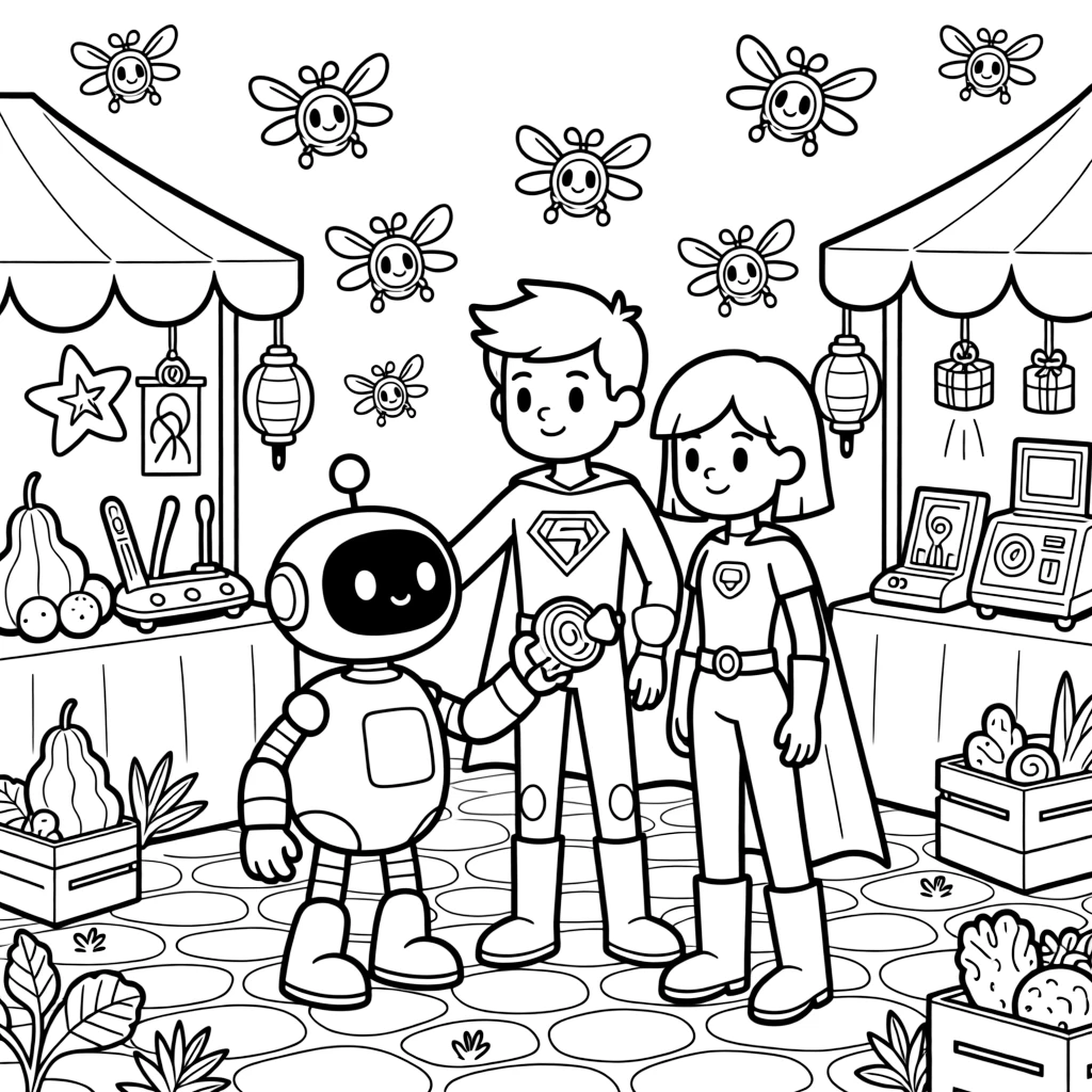 In a colorful alien marketplace filled with strange fruits and gadgets, twin superhero siblings Volt (super-strong) and Zinnia (magnetic) helping a robot learn to paint with light instead of paint, while tiny drones buzzing around delivering packages adds to the excitement.