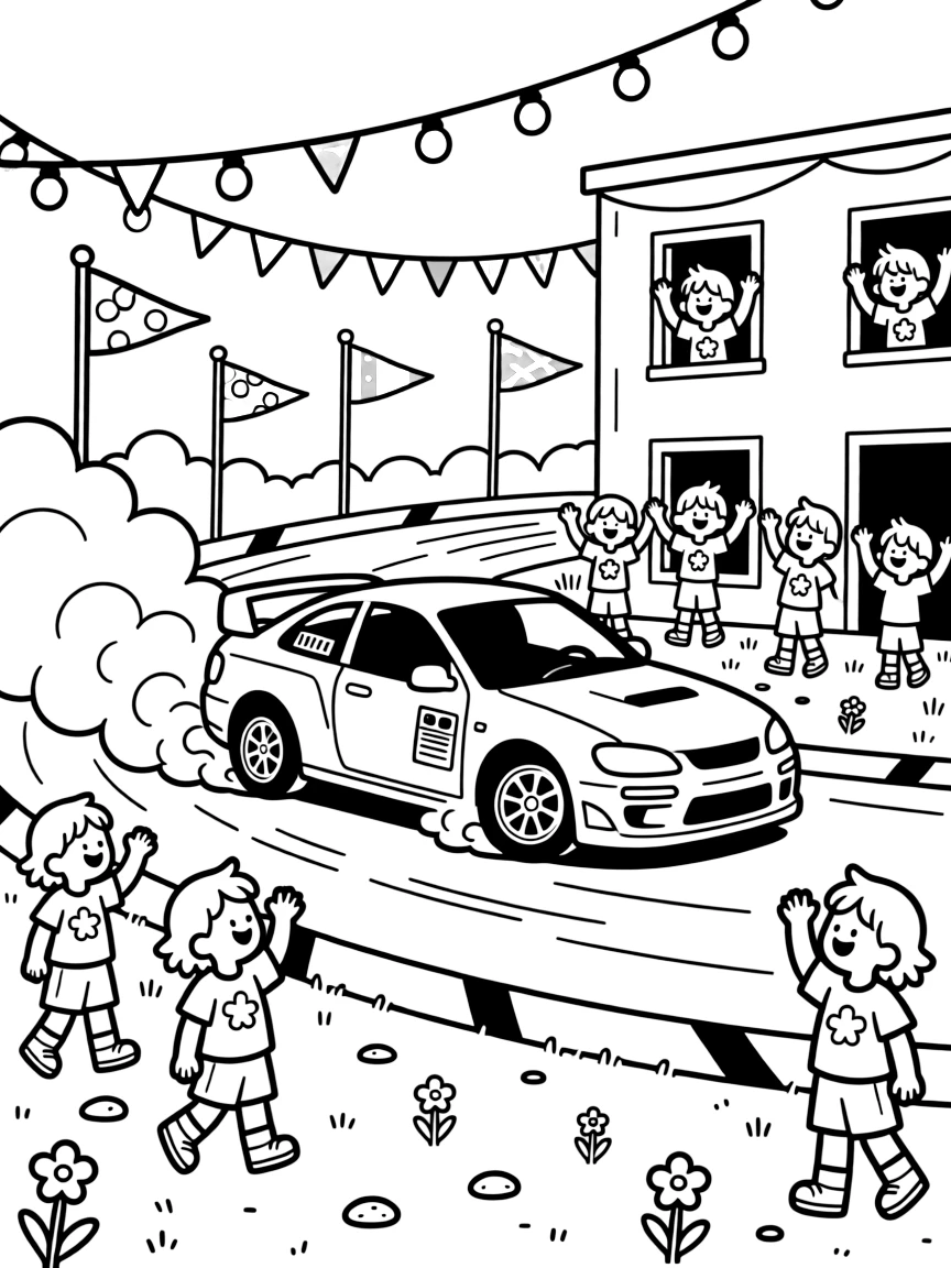 A drift car spinning smoke trails around a track corner is shown journeying through a festival ground lit up with strings of colorful lights, with a group of cheerful kids waving from the windows close by and colorful flags fluttering from every corner completing the lively scene.