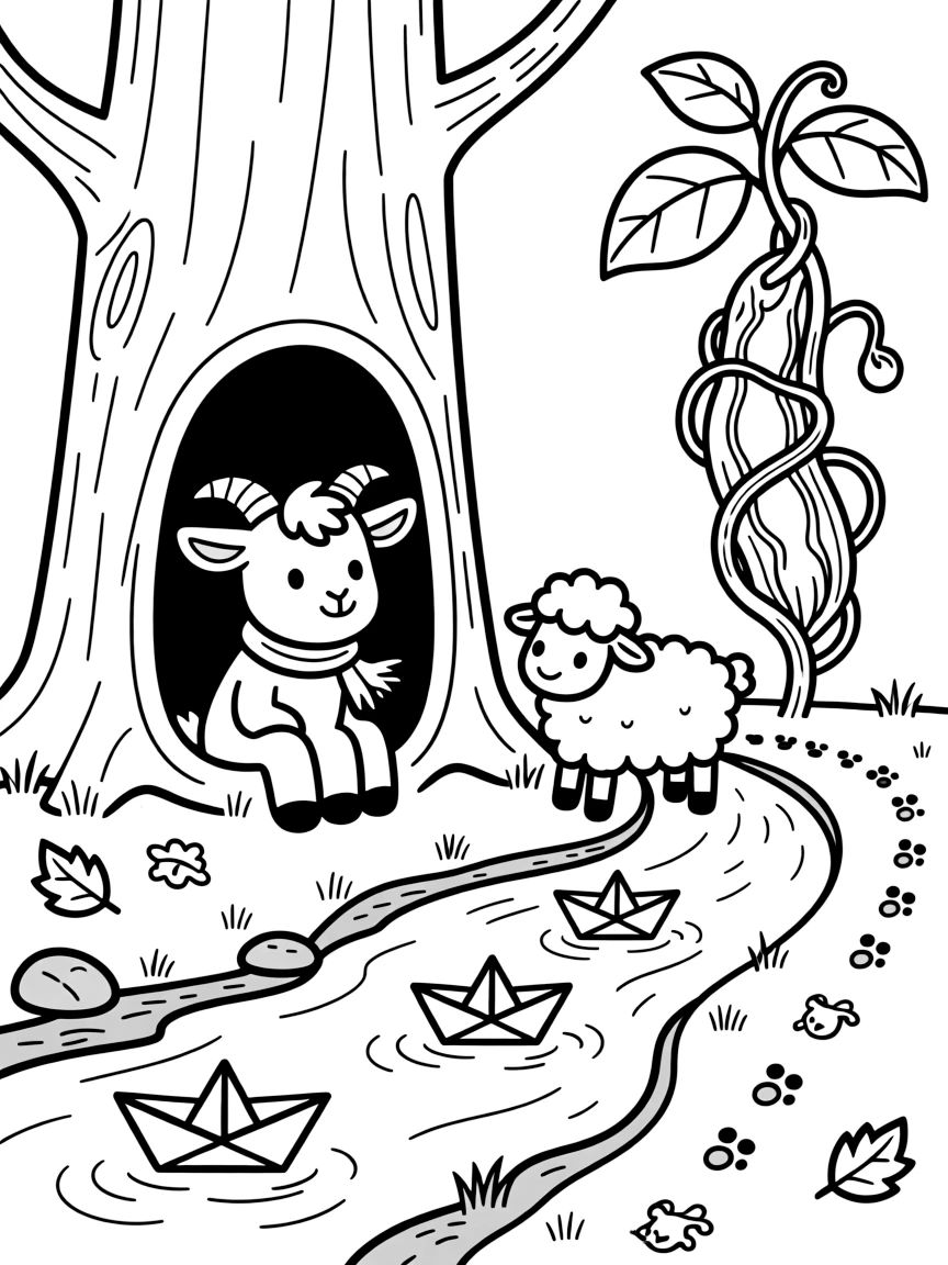 A goat kid inside a hollow tree trunk, floating paper boats down a stream with a lamb, next to a giant beanstalk, with a trail of tiny footprints in the mud.