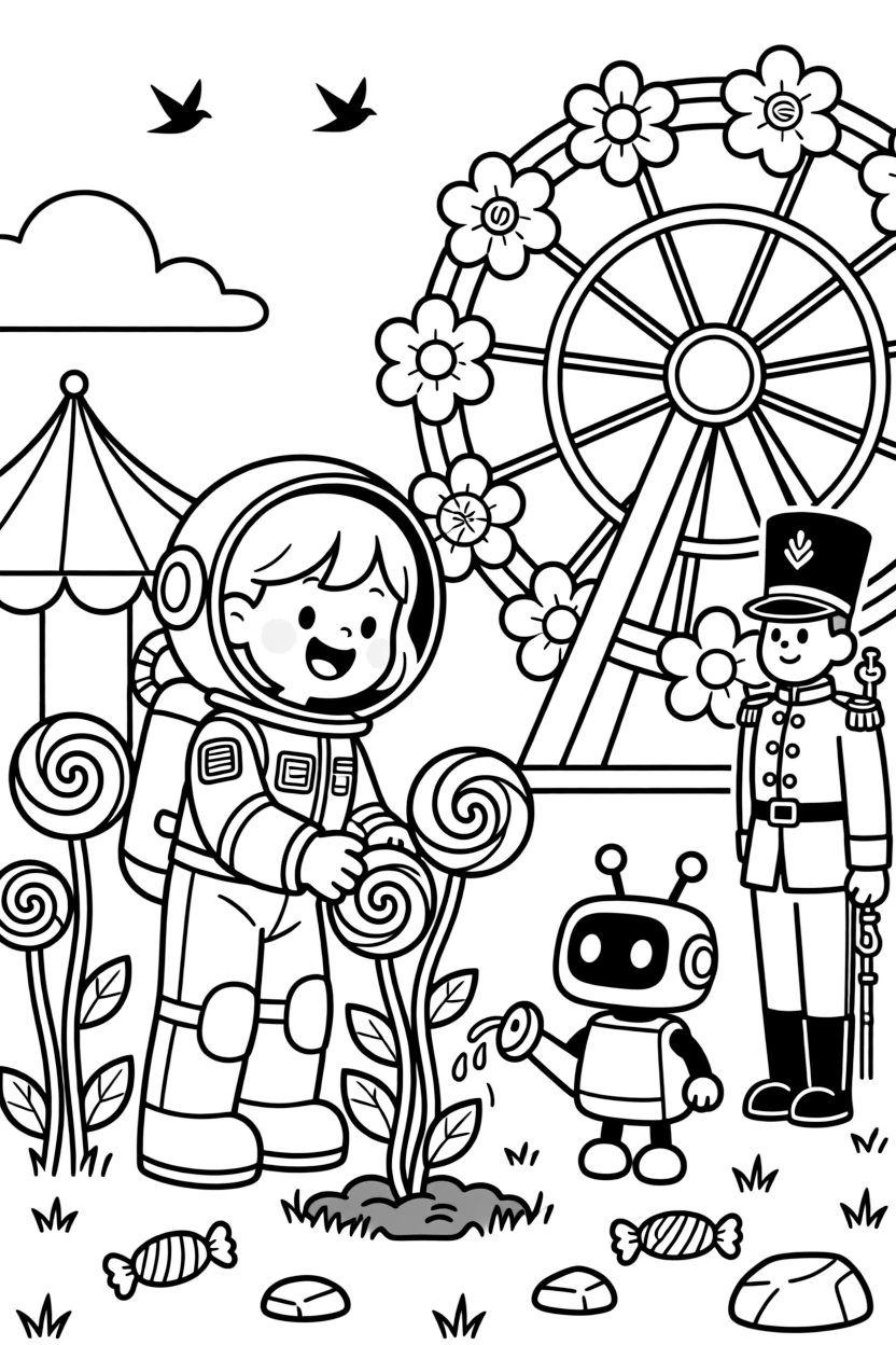 Wobbly and full of excitement, a girl astronaut and her robot pet spends the day planting a garden of lollipop flowers at a carnival with a Ferris wheel made of flowers. Nearby, a wind-up toy soldier standing at attention adds to the fun. It feels like the best day ever for everyone involved.